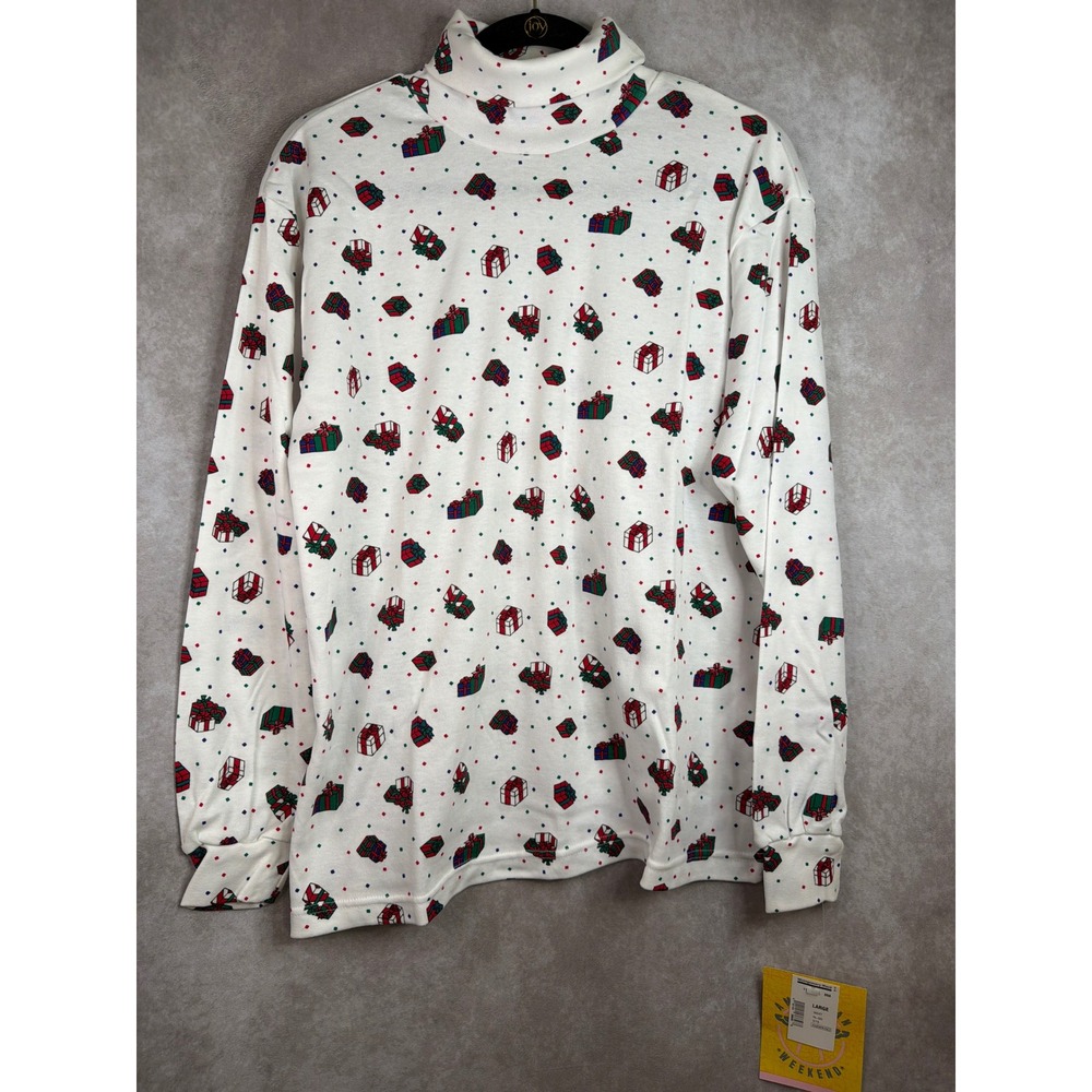 NWT VTG 90s American Weekend Turtleneck Women Large White Christmas Gift Print